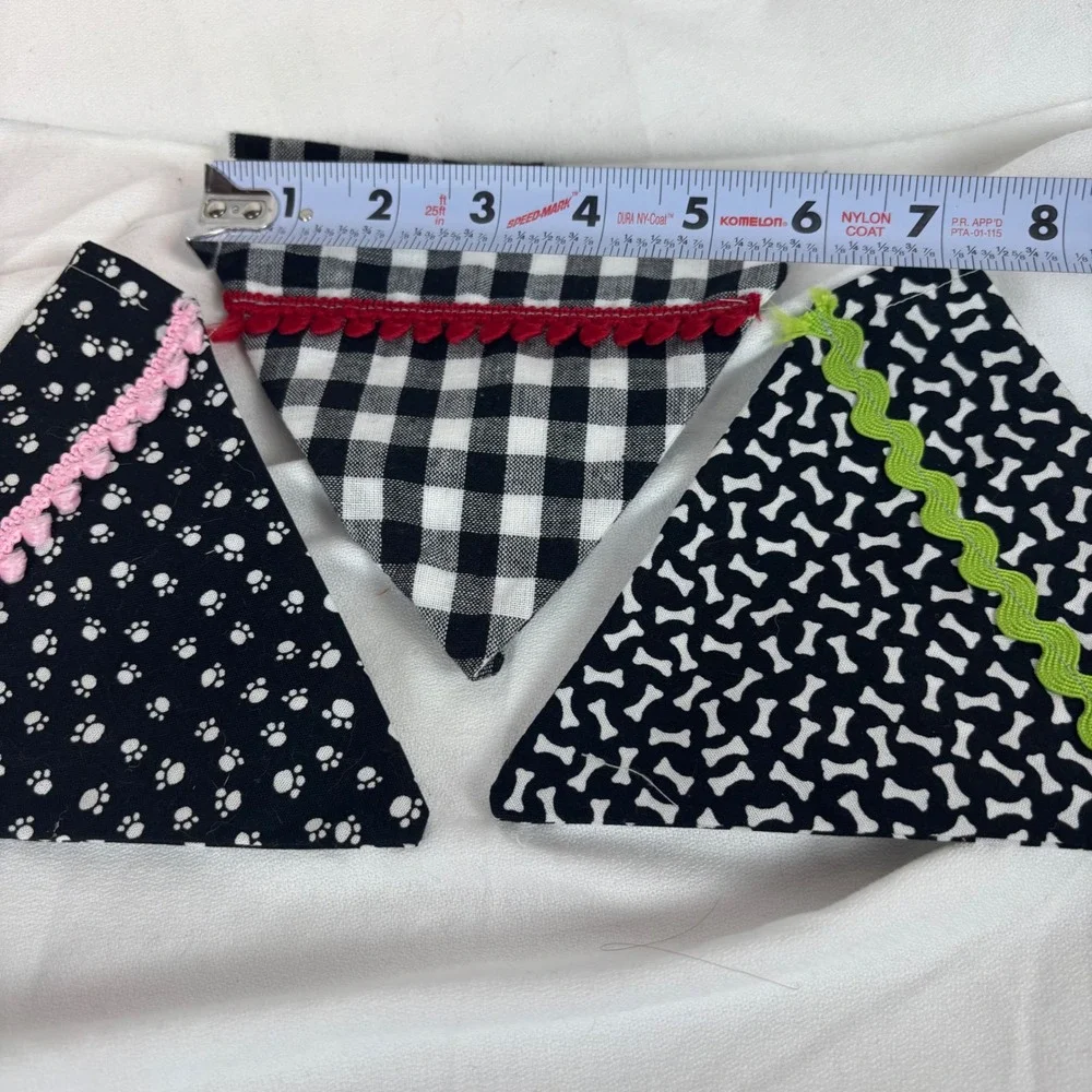 Handmade Dog Bandana Set of 3 Check, blk/wht Bone & Paw Print Rickrack Trim Sz S